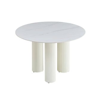 Table Repas Ronde Céramique Marbré Blanc 120 Cm Pieds Beiges – Anais