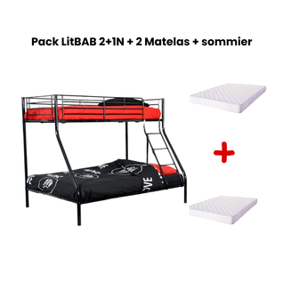 Pack: Lit Superposé En Métal Costo Sommier Inclus + 2 Matelas 90/140x190 Cm, 3 Places Noir