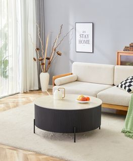 Table Basse Ruby – Céramique Effet Travertin – Pied Métal – Ø80 Cm - Noir