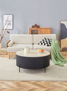 Table Basse Ruby – Ø90 Cm – Plateau Céramique Effet Travertin – Pied Métal - Noir