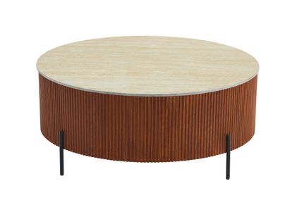Table Basse Ruby Ronde Plateau Céramique Effet Travertin Noisette Pied Métal Noir D100xh45 Cm