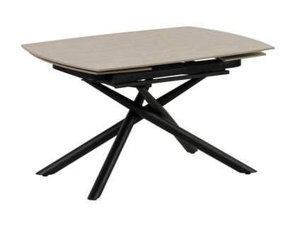 Table Repas Extensible Nysa – Plateau Céramique Effet Travertin Mat et Pieds Noir – 129/189x89x76 Cm