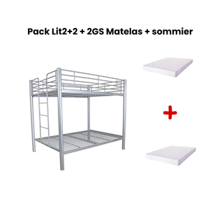 Pack Lit Superposé En Métal Gris + Matelas Compris 4 Places 2+2 Colosse 140x190 Cm Sommier Inclus