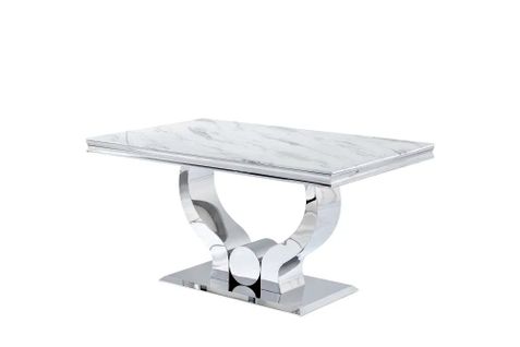 Table à Manger Verre Marbré Blanc Pied Métal Chrome 150x90 Cm Trofy