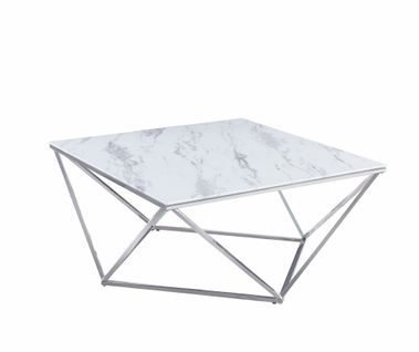 Table Basse Alina Carrée Plateau Verre Trempé Marbré Blanc Pieds Chrome 80x80x45cm
