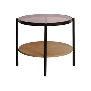 Table Basse / D'appoint Ronde 52 X 52 Cm Décor Bois Et Métal Noir. 2 Plateaux Dont Un En Verre