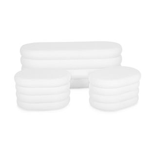 Banc Coffre En Bouclettes Blanches Avec 2 Poufs Ovales De Rangement Intégrés - L111cm