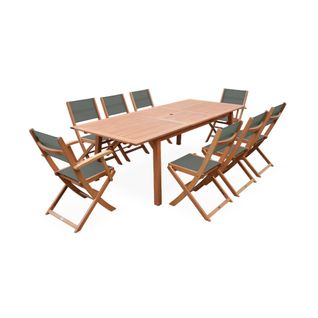 Table De Jardin Extensible Bois D'eucalyptus + 8 Assises En Bois D'eucalyptus Huilé Et Textilène