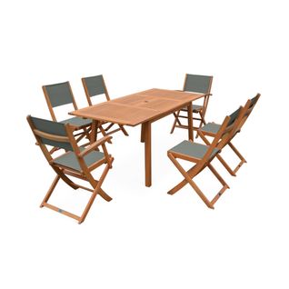 Table De Jardin Extensible Bois D'eucalyptus + 6 Assises - Almeria - Table 120/180cm Avec Rallonge.