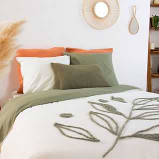 Parure De Lit Imprimé Végétal Blanc Et Kaki 240 X 220 Cm En Coton Lavé
