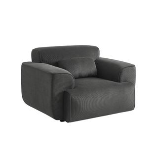 Fauteuil Velours Côtelé Gris Foncé. Lignes Arrondies. Coussin Fourni. Wallas. L 116 X P 97 X H 73cm