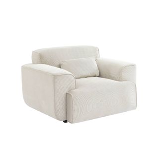 Fauteuil Velours Côtelé. Blanc Crème. Lignes Arrondies. Coussin Fourni. Wallas. L 116 X P 97 X H