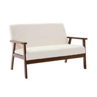 Banquette Canapé 2 Places En Bois Teinté Noyer Clair Et Tissu Bouclette. Isak. 114 X 69.5 X 73