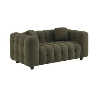 Canapé 2 Places En Bouclette Texturée Capitonné. Kaki Foncé. Structure Bois D'eucalyptus Et