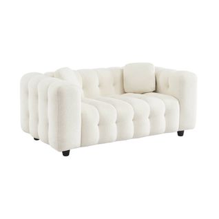 Canapé 2 Places En Bouclette Texturée Capitonné. Crème. Structure Bois D'eucalyptus Et Contreplaqué