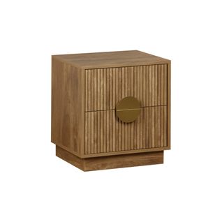 Table De Chevet 2 Tiroirs Décor Bois De Manguier Rainuré. Poignées En Métal Doré. L42 X P38 X H50cm