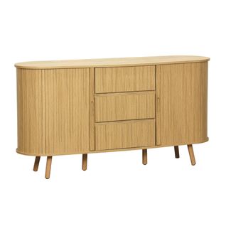 Buffet Scandinave Ovale 2 Portes Coulissantes. 4 Compartiments. 3 Tiroirs. Décor Bois Rainuré.