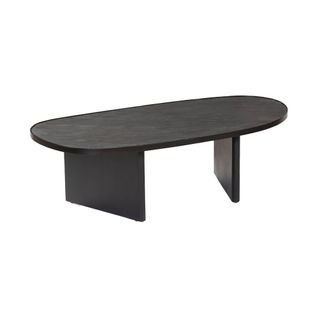 Table Basse Ovale Bois De Manguier Et Placage Pierre Noire. Rebord En Métal. L 119.5 X P 60 X H