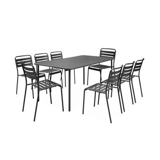 Table De Jardin Métal + 8 Assises Anthracite Traitement Antirouille. Lattes Et Bords Arrondis
