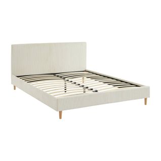 Lit Avec Sommier à Lattes Et Tête De Lit. L 211 X P 167.5 X H 89cm. Blanc. Finition Velours Côtelé