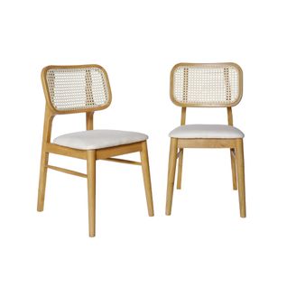 Lot De 2 Chaises Bois D'hévéa. Cannage Et Tissu Beige. Bohème. L 43 X P 55 X H 81cm