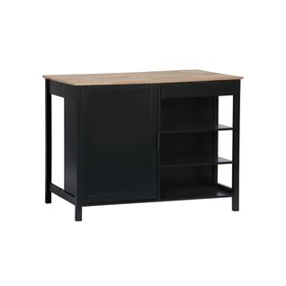 Îlot Central De Cuisine Molene. Plateau En Bois D'hévéa. 120x75cm. Noir. 5 Étagères. 1 Porte.