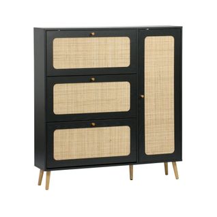 Meuble à Chaussure Cannage Bohème Noir. 3 Abattants. 1 Porte. 21 Paires. 120 X 24 X 125 Cm