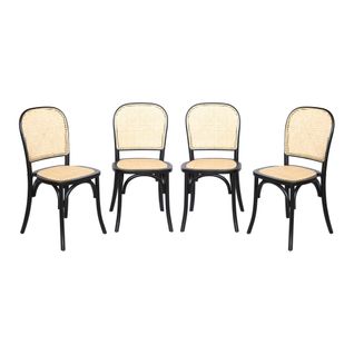 Lot De 4 Chaises Vintage En Bois D'hévéa Avec Assise Et Dossier En Rotin. Coloris Noir. L 44.5 X P