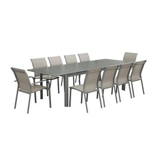 Table De Jardin Extensible Aluminium + 10 Assises Aluminium Et Textilène Kaki. 8 Chaises. 2