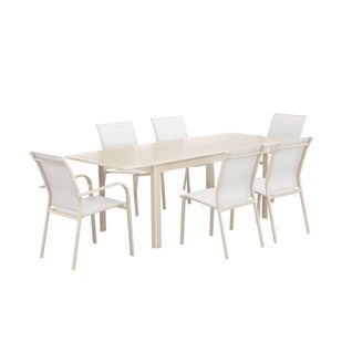 Table De Jardin Extensible Aluminium + 6 Assises Beige. 4 Chaises. 2 Fauteuils. 6 Places. Textilène