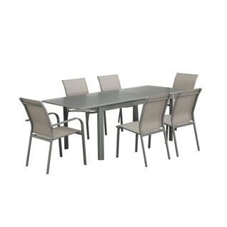 Table De Jardin Extensible Aluminium + 6 Assises Kaki. 4 Chaises. 2 Fauteuils. 6 Places. Textilène