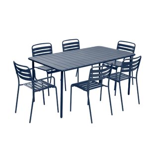 Table De Jardin Métal + 6 Assises Bleu Marine. Acier Traitement Anti Rouille