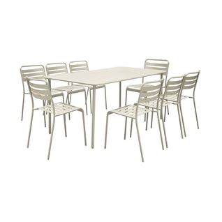Table De Jardin Métal + 8 Assises Beige Traitement Antirouille. Lattes Et Bords Arrondis