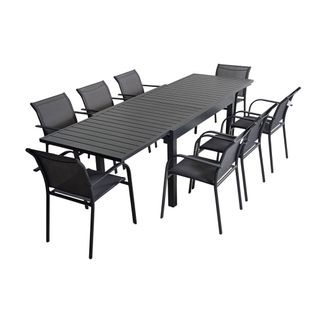 Table De Jardin Extensible Aluminium + 8 Assises Aluminium Et Textilène. Anthracite. 270 X 90 X 75