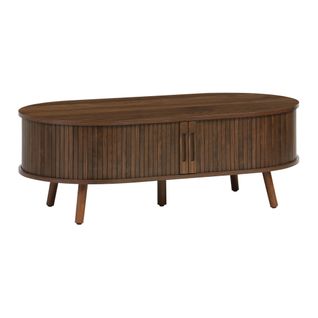 Table Basse 2 Portes Coulissantes Avec 3 Compartiments Effet Bois Rainuré Noyer. L 110 X P 59 X H