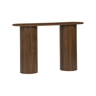 Console Ovale Scandinave Décor Bois Rainuré. Pieds Ronds. Couleur Noyer. L 120 X P 35 X H 75cm