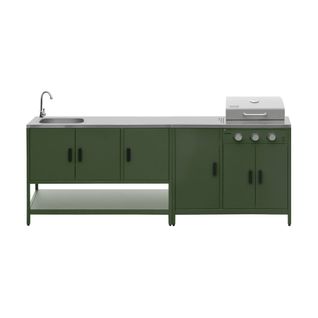 Cuisine Extérieure Naxos 2 Modules Acier Inoxydable Vert Barbecue Gaz 3 Brûleurs Avec Évier