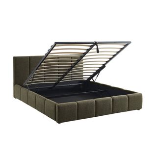 Lit Coffre Double Avec Sommier à Lattes Et Tête De Lit Kaki 160 X 200 Cm Bouclette Texturée - Lex