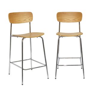 Lot De 2 Tabourets De Bar Vintage Contreplaqué Avec Placage Bois Effet Frêne Et Pieds Métal Chromé