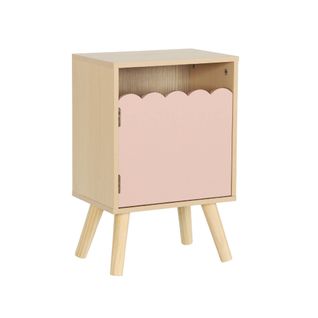 Table De Chevet Enfant Décor Bois Rose 1 Porte. Pieds Bois De Pin - 34 X 23.5 X 52 Cm  - Azur