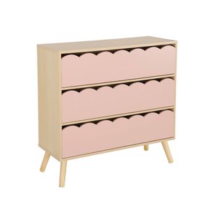 Commode Enfant Décor Bois Rose 3 Tiroirs. Pieds Bois De Pin - 80 X 30 X 79 Cm - Azur