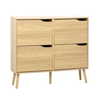 Meuble à Chaussures Vintage Décor Bois Naturel 4 Portes Abattantes Capacité 16 Paires De Chaussures