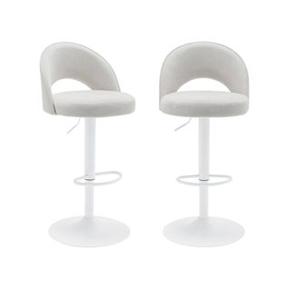 Lot De Deux Tabourets De Bar Ajustables Métal Et Tissu Blanc Cassé. Pied Blanc - L 49 X P 49 X H