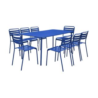Table De Jardin Métal + 8 Assises Bleu Électrique Traitement Antirouille. Lattes Et Bords Arrondis