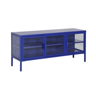 Meuble TV Industriel Métal Et Verre Trempé 3 Portes 120cm Bleu - Arkansas