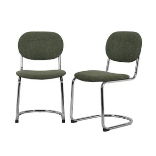 Lot De 2 Chaises Cantilever Arrondie Métal. Bouclette Texturée Kaki Et Pieds Chromés - L 47 X P