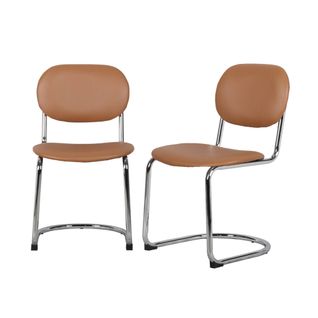 Lot De 2 Chaises Cantilever Arrondie Métal. Simili Marron Et Pieds Chromés - L 47 X P 54.5 X H