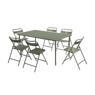 Table De Jardin Métal + 6 Assises Kaki. Amelia 160 X 90 X H 72.5cm