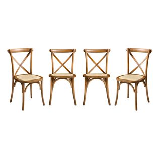 Lot De 4 Chaises De Bistrot En Bois D'hévéa Effet Noyer. Vintage. Assise En Rotin. Empilables