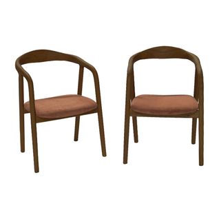 Lot De 2 Fauteuils Vintage Bois D'hévéa Noyer Et Velours Côtelé Terracotta - L 55 X P 58 X H 79 Cm